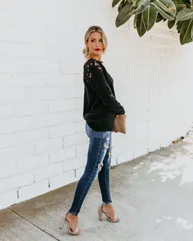 

Women Winter Clothes Long Sleeve Pullover Tops Thick Warm Sweater Ladies Lace Flower O Neck Hollow Out Knitwear