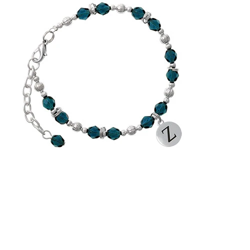 Silvertone Capital Letter - Z Pebble Disc Navy Blue Beaded Bracelet |