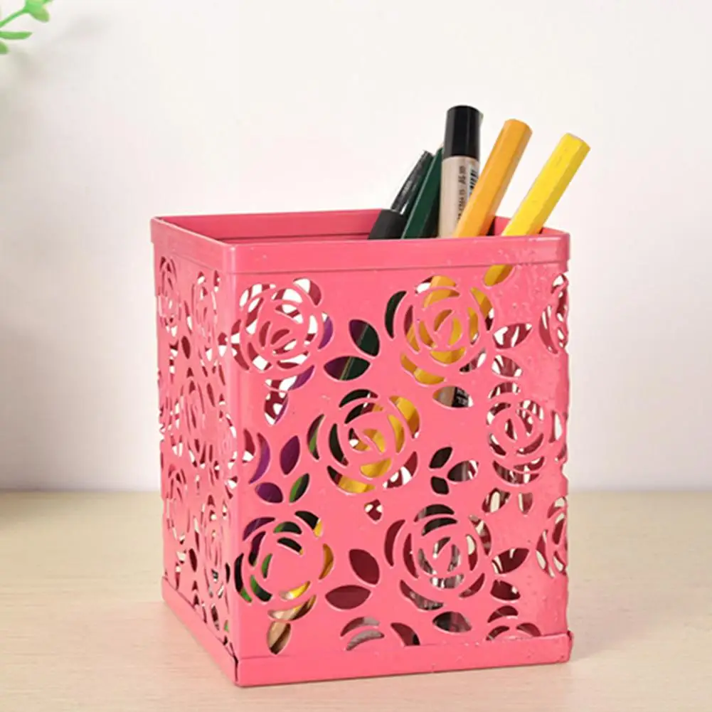 

Hollow Metal Pen Pencil Pot Holder Stationery Container Manager Wire Mesh Office Supplies Innovative Rose Square Pen Holder