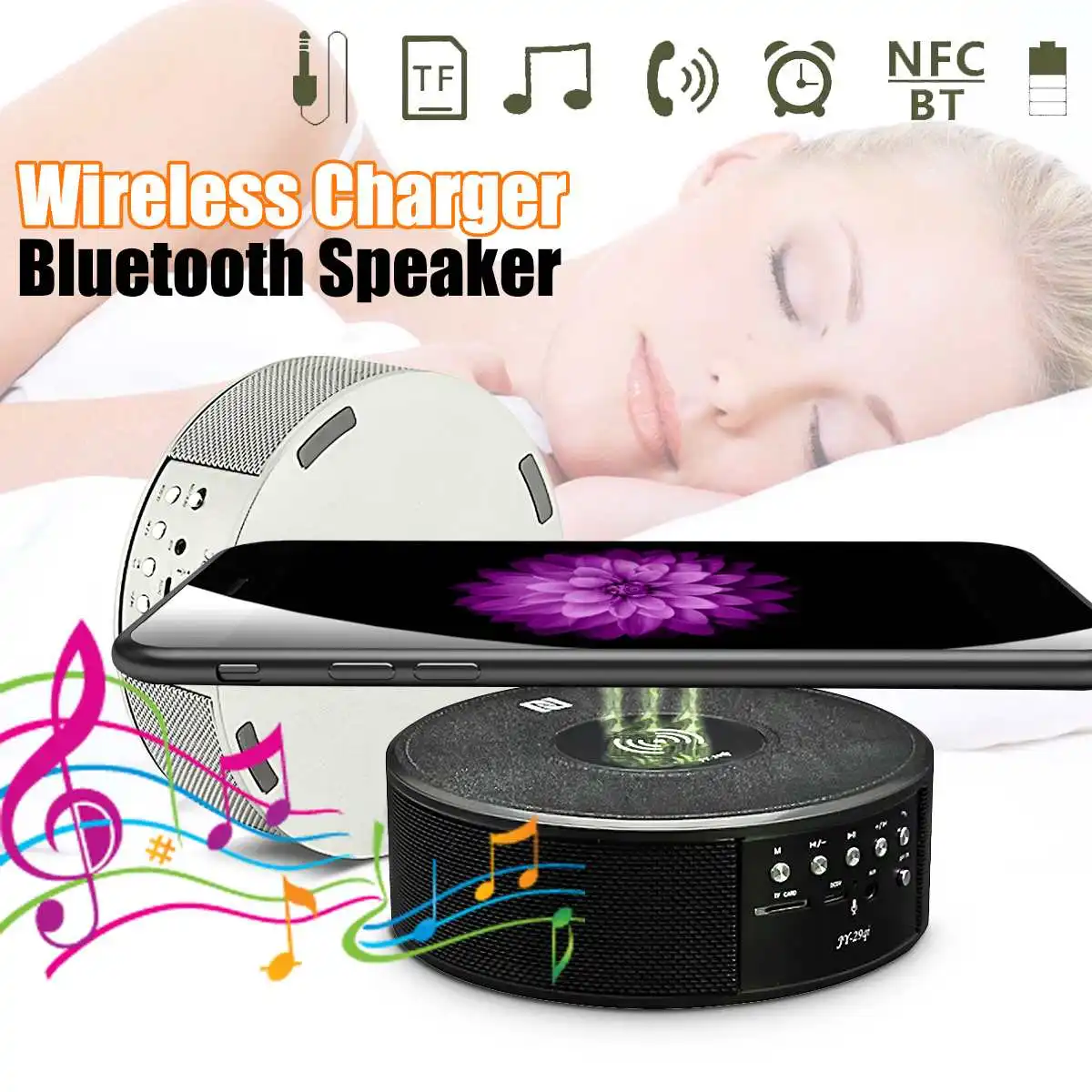 

Qi Wireless Charger bluetooth Speaker Music Player Stereo Clock TF Card AUX NFC Function for Samsung for iPhone X XR XS MaX 8