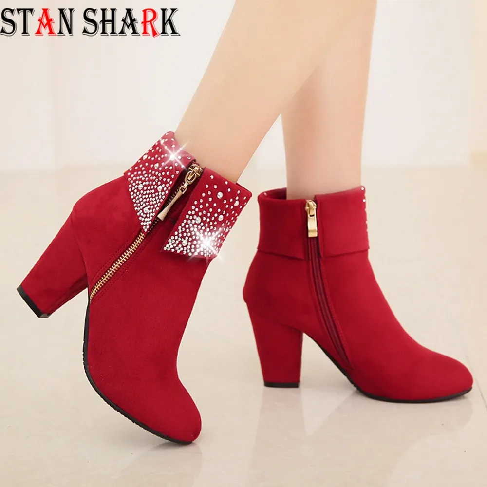 

Red Crystal Boots Women Ankle Boots Women High Heels Winter Shoes Women Zipper Boots Women Boots Zapatos De Mujer Botas Mujer