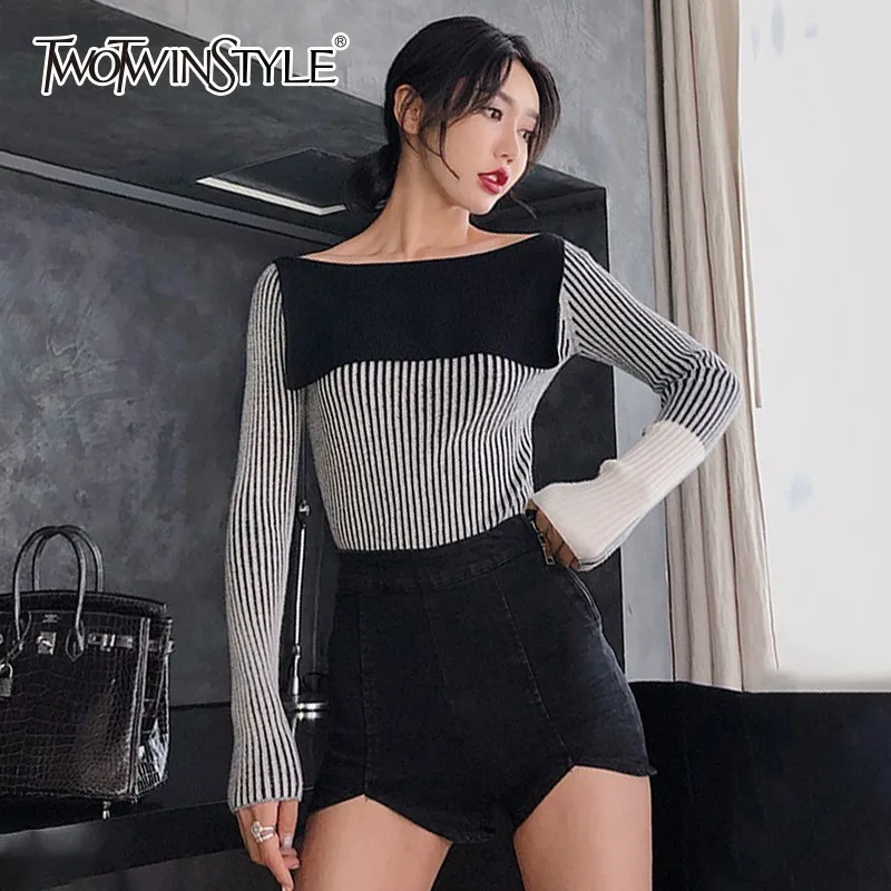 

TWOTWINSTYLE Slash Neck Striped Women's Sweater Long Sleeve Hit Colors Patchwork Autumn Winter Pullover Female Korean 2019 New