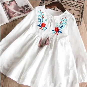 

spring girl dress white long sleeve embroidery flower baby frock school tassel boutiques children clothes princess