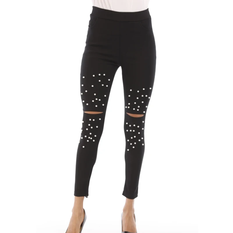 

Black Jeans Pants For Women High Waist Skinny Jeans With Pearls Front Beaded Push Up Jean Woman Knee Hole Denim Pencil Pants