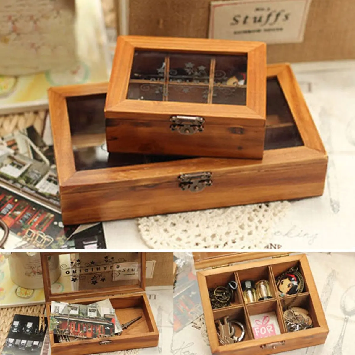 

Retro Vintage Wood Wooden Clear Acrylic Cover Jewelry Storage Box Holder Organiser Craft Case Gift Box Authentic Size S/L