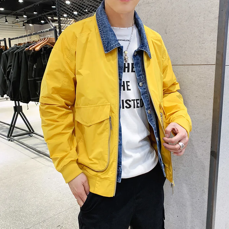 Spring New Denim Jacket Men Fashion Solid Color Casual Fake Two-piece Jacket Man Streetwear Trend Loose Hip-hop Bomber Jacket Spring New Denim Jacket Men Fashion Solid Color Casual Fake Two-piece Jacket Man Streetwear Trend Loose Hip-hop Bomber Jacket