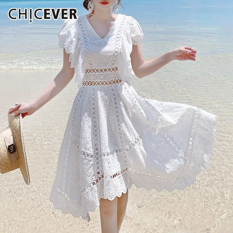 Женское кружевное платье CHICEVER Белое Облегающее Платье с треугольным вырезом