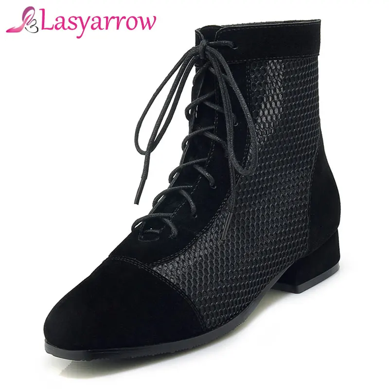 Lasyarrow Round Toe Low Square Heels Ankle Boots 2019 Spring Summer Lace Up Solid Black Pumps Shoes Woman Plus Size 33-43 J540