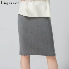 Осенняя Новая женская однотонная плотная длинная трикотажная юбка средней длины с высокой талией