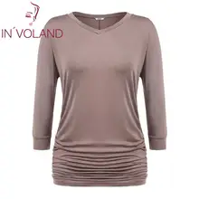 IN'VOLAND футболки женские размера плюс 5XLCasual осень весна v-образный вырез 3/4 рукав сплошной пуловер Футболка Ruched женские футболки топы