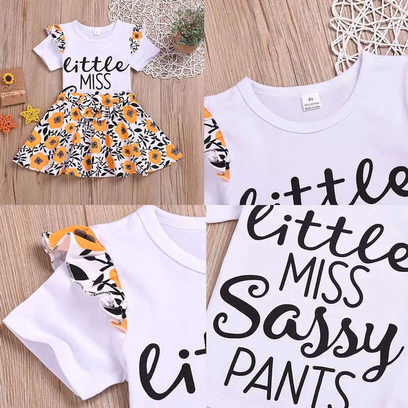 Toddler Summer Clothes Baby Girls Outfits Letter Print T-Shirt Top+Floral Bow Skirt 2PC Clothes Kids Baby Girl Clothes Drop Ship