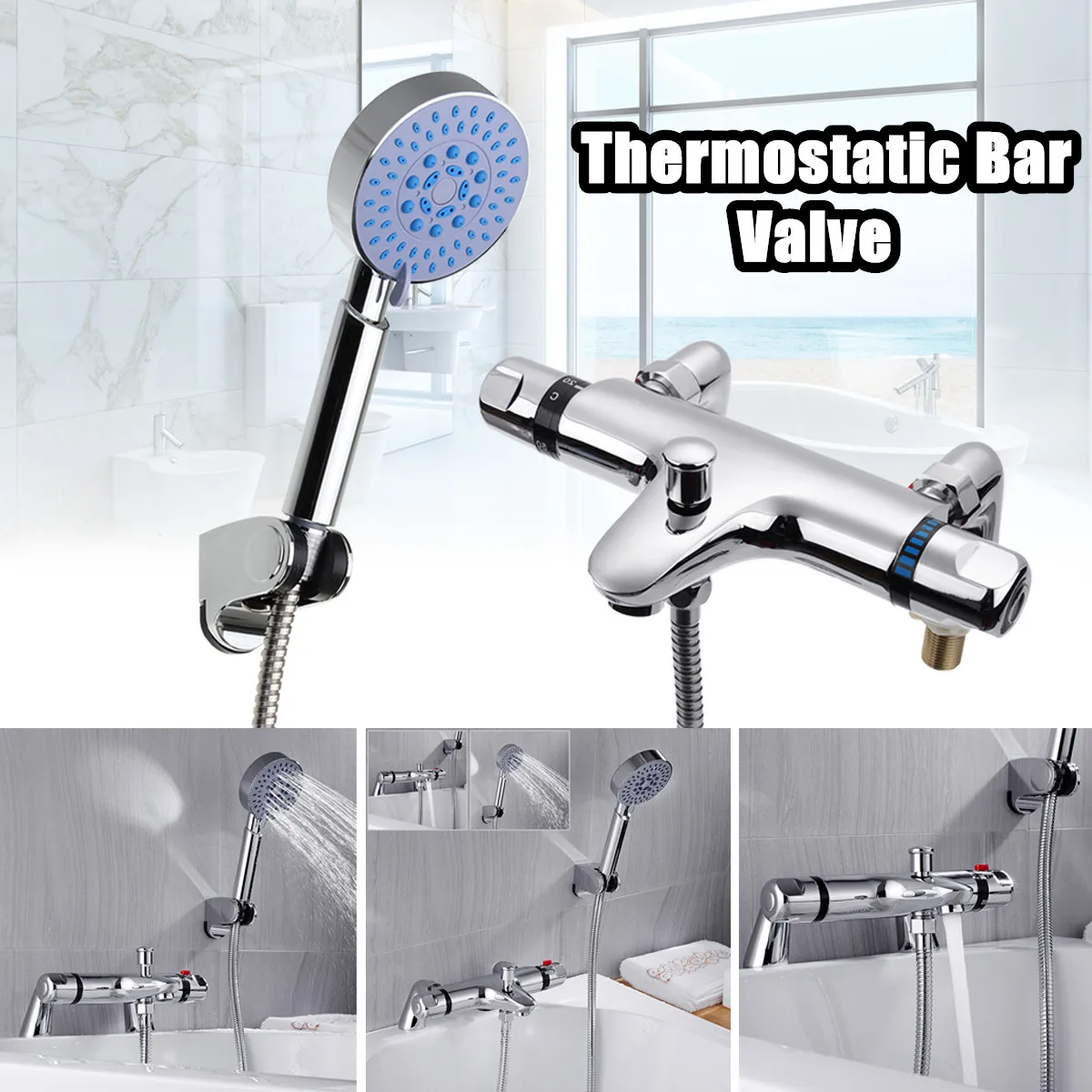 

Thermostatic Bathroom Taps Bath Shower Mixer Tap Handset Deck Mounted Valve Set Shower Handset Hose Holder