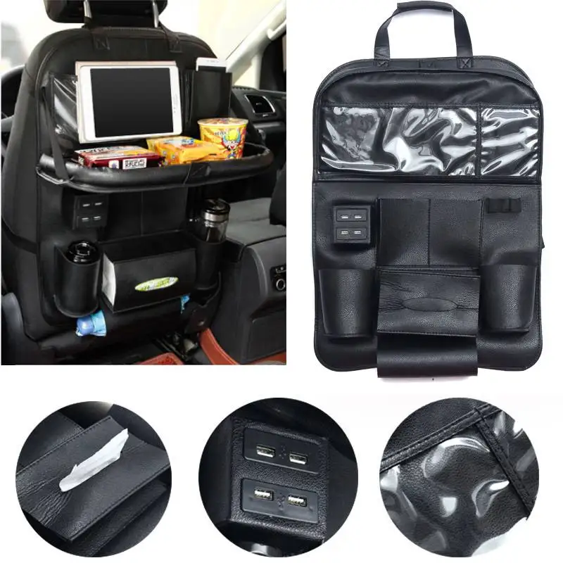 

Universal Car Seat Back Holder Storage Bag Organizer Travel Box Drink Holders PU Leather Stowing Tidying with 4 USB Port Socket