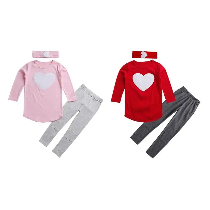 

3pcs Girls Clothes Set Spring Kids Warm Cute Heart Tops Leggings Headband baby girl clothes Christmas gift fir for 3-7T Gift