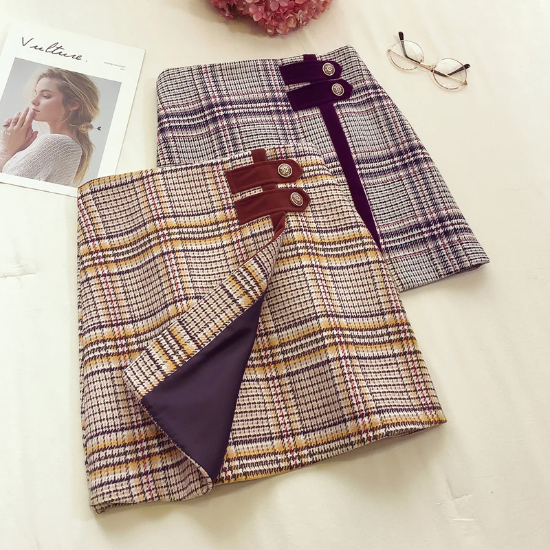 

2019 New Limited Wool Casual Above Knee, Mini Midi Skirt Plaid Skirt A-line Button Above Knee Mini Length Irregular Winter
