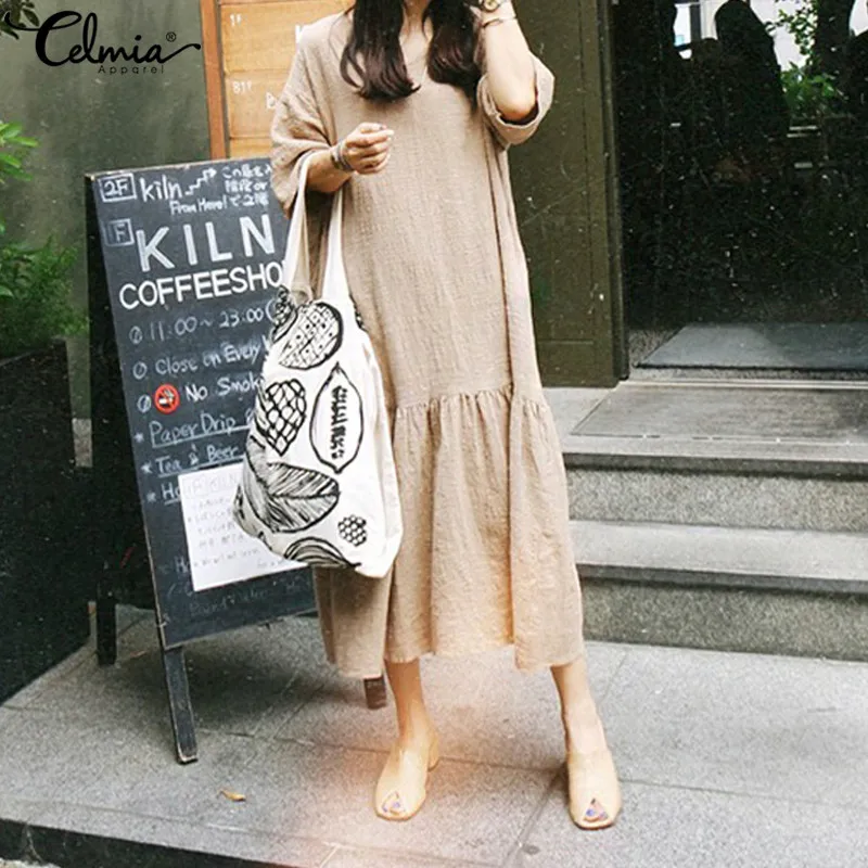 

2019 Celmia Plus Size Summer Dress Women Vintage Half Sleeve Casual Maxi Long Dresses Solid Pleated Shirt Vestidos Party Robe