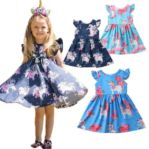 

fashion Infant Kid Girl dress floral Unicorn printed Casual Dresses One-Piece Costume a-line dress