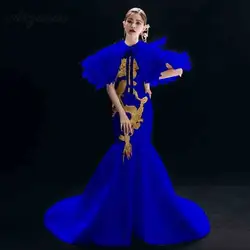 Новый Вышивка Чонсам с драконами современный синий хост Qi Pao для женщин китайское традиционное платье модное шоу платья для Chinoise ХВО