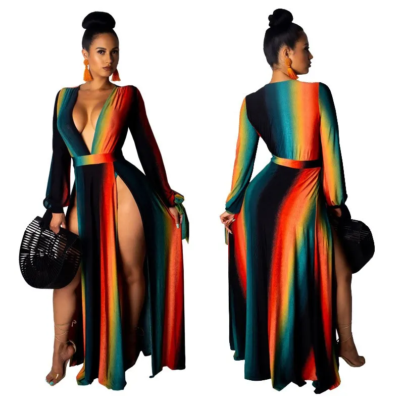 

Summer Women Fashion Boho Long Maxi Dress Girl Striped Beach Dresses Colorful Rainbow Splits Dress Vestido