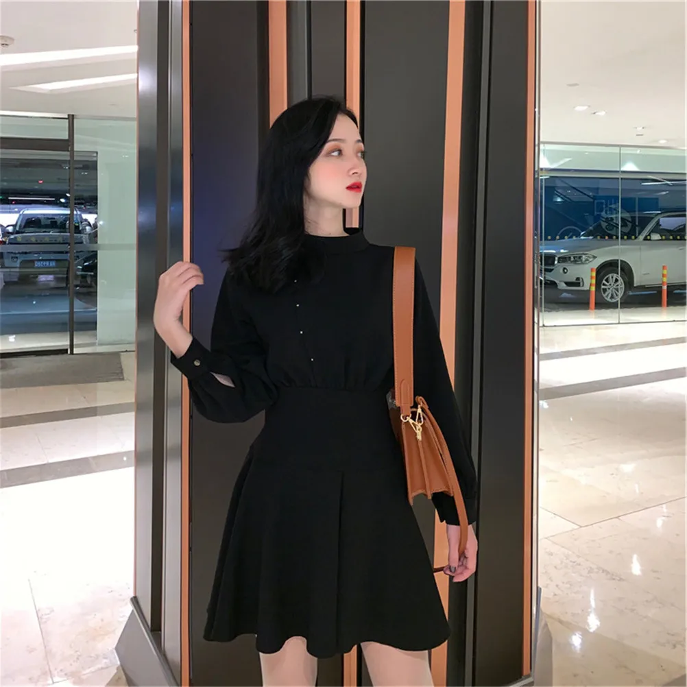 النساء اللباس كم طويل مطاطا الخصر أزياء فتاة الأسود الداكن عارضة ألف خط اللباس 2019