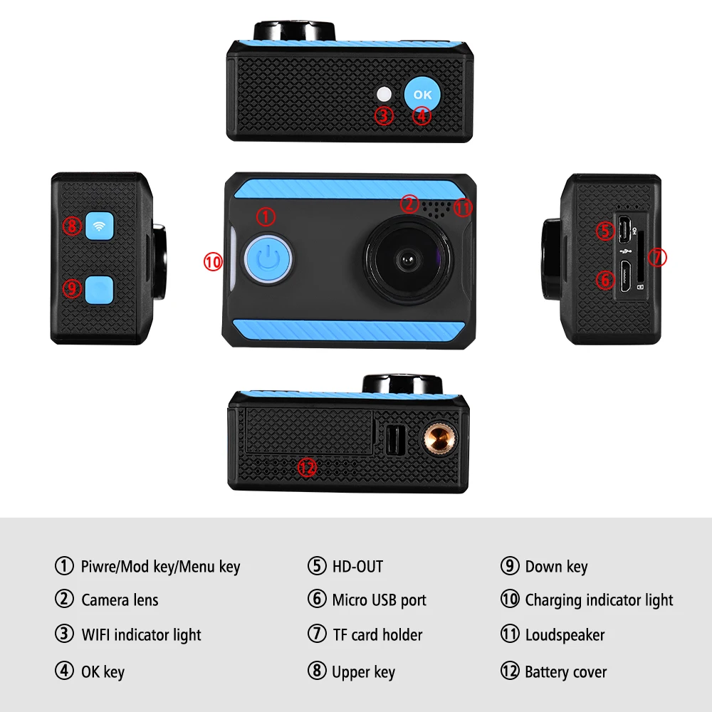 4K Ultra HD Sports Action Camera 170° Wide Angle 2.0 Inch LCD Display 30 Meters Waterproof with 2pcs Li-ion Batteries WiFi