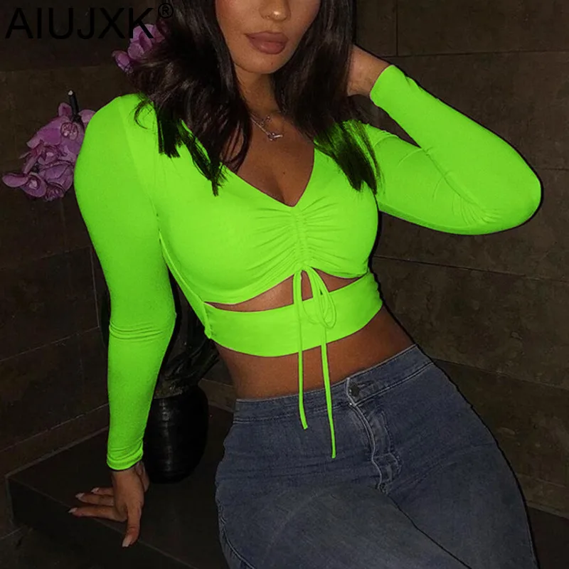 

AIUJXK New Arrival 2019 Spring Summer Neon Green Cut Out T Shirt Women Long Sleeve Drawstring Sexy Female Black V Neck T-shirt