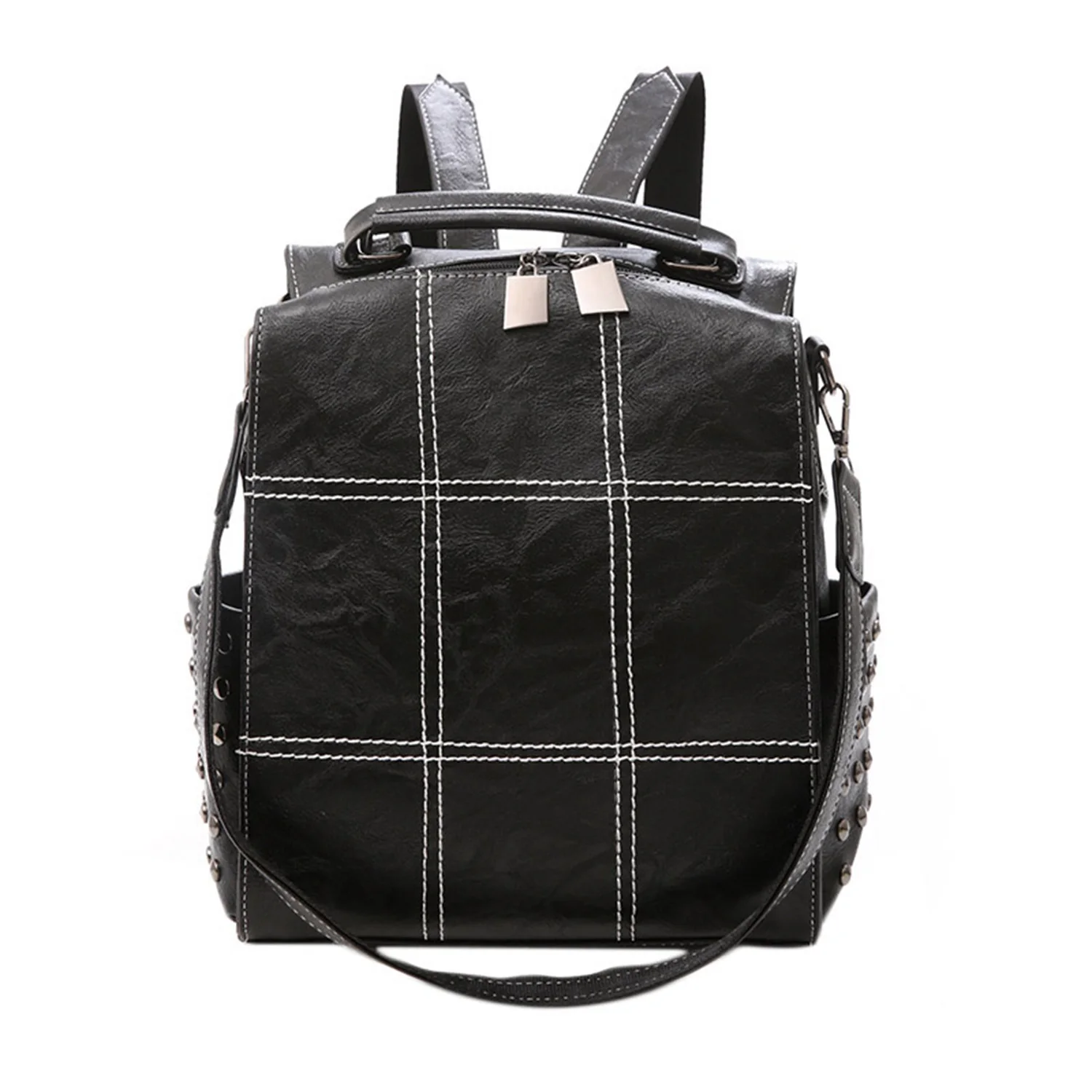 

Women's Large Leather Backpack Female Teenage Girl School Backpack Vintage Rivet Bag Mochila Solid Shoulder Bag:Black
