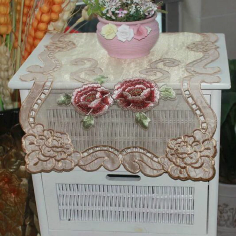 

Luxury Transparent Satin Lace Tablecloth Embroidered Table Cover Towel Manteles For Wedding Home Furniture Dust Cloth Decoration