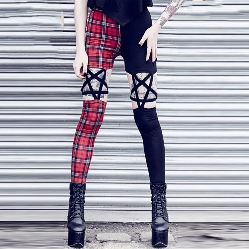 

Women Casual Pants Gothic Black Cool Slim Thin High Waist Zipper Plaid Color Block Hollow Female Fashion Punk Style Pencil Pants