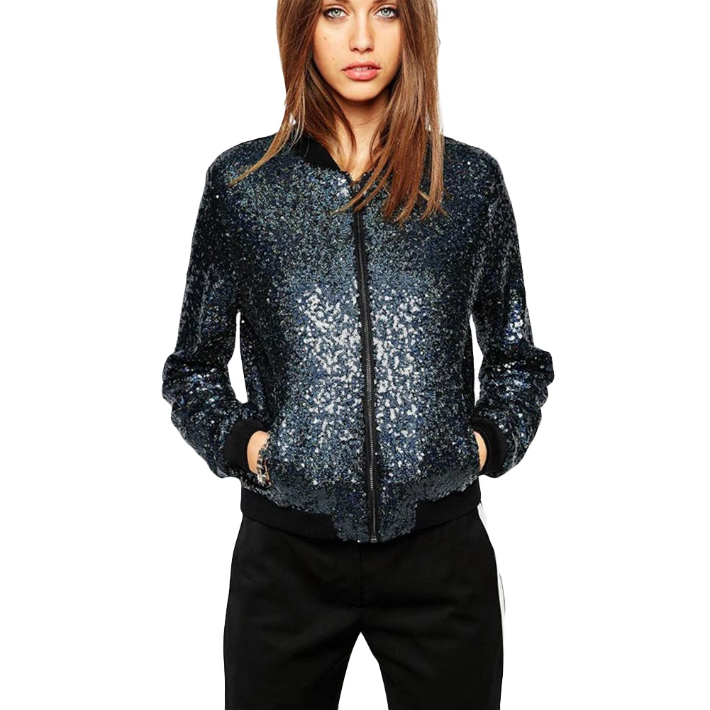 

Anself Autumn Women Sequin Jacket Coat Green Bomber Jacket Long Sleeve Zipper Streetwear Tunic Loose Casual Basic Ladies Outwear