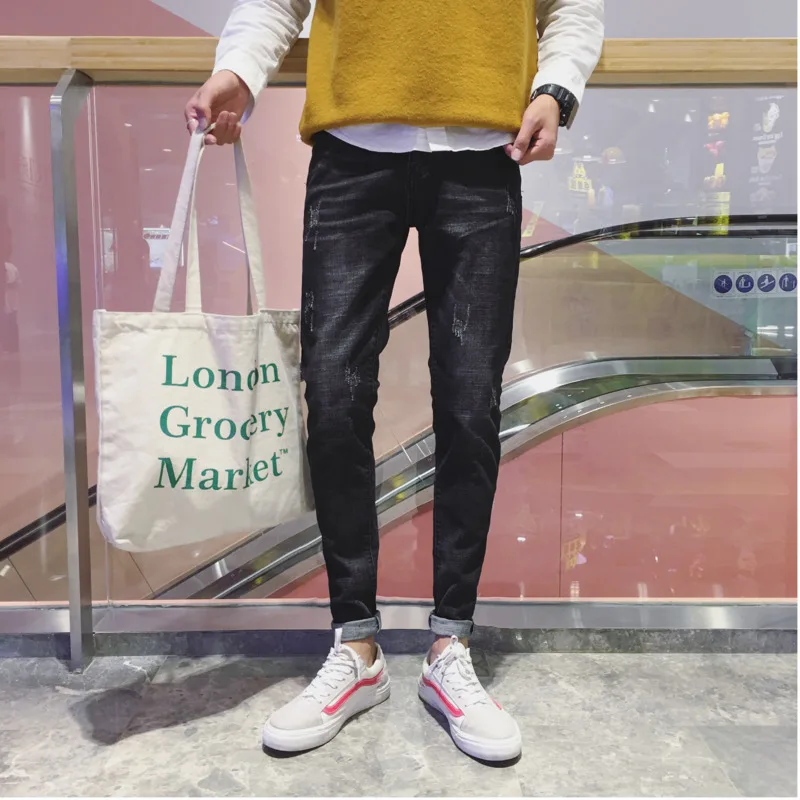 2019 Весна и лето новый Гонконгский стиль Молодежные весенние джинсовые комбинезоны мужские с низкой талией свободные брюки мужские черные