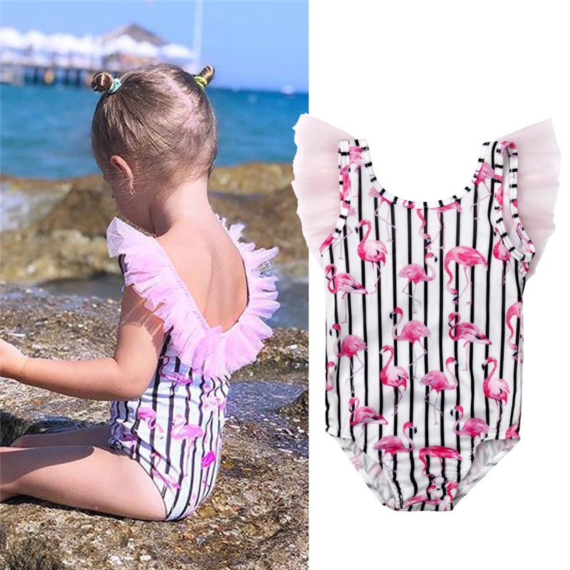 Цельный женский купальник-бикини с принтом фламинго, цельный купальный костюм бикини, детский купальник для девочек, детская одежда для пляжа, купальный костюм