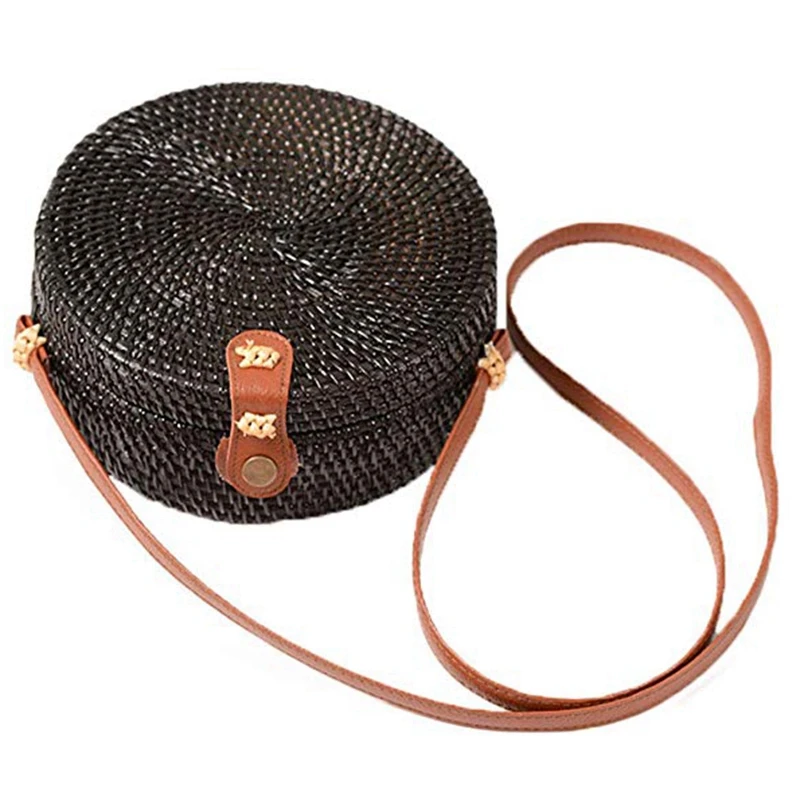 

Rattan Bag Vintage Straw Purse Hand Woven Round Straw Crossbody Bag With Interlocking Clasp, Black (Interlocking Clasp)