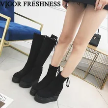 VIGOR/свежая женская обувь; ботинки на платформе; обувь на каблуке 11,5 см; Зимние ботильоны; женская обувь, увеличивающая рост; Теплая обувь; WY556