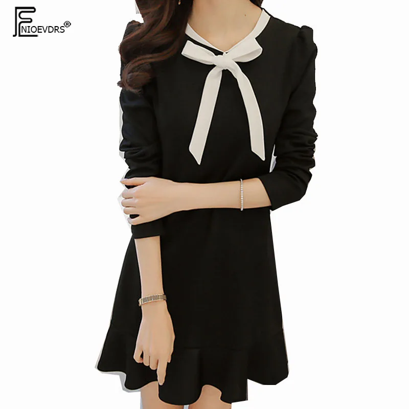 

Basic Mini Dresses Hot Sales 2019 Spring New Arrivals Women Fashion Long Sleeve Casual Cute Ruffled Bow Tie Little Black Dress