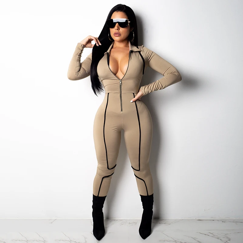 Fashion Women Sports Jumpsuit Stripe Patchwork Zip Front V Neck Long