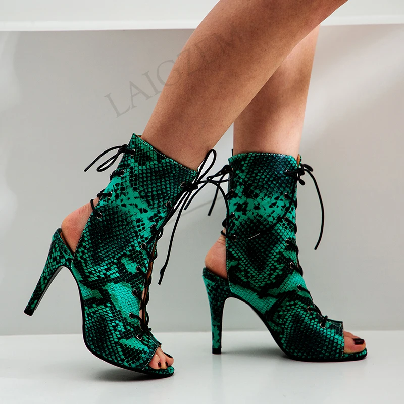 

LAIGZEM SUPER Women Ankle Boots Spring Summer Leopard Snake Peep Toe Stiletto Heels Boots Shoes Botines Mujer Big Size 34-43