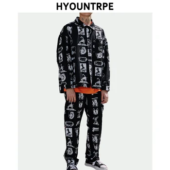 

Two Pieces Sets Mens Harajuku Printed Buttons Shirts and Loose Straight Pants 2019 Spring New Fashion High Street 2 Piece Set