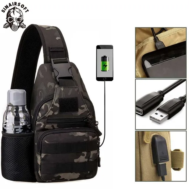 US $15.89 Outdoor Military Tactical Shoulder Sports Bag With USB Charging Chest Bag Wear-Resistant Travel Cam