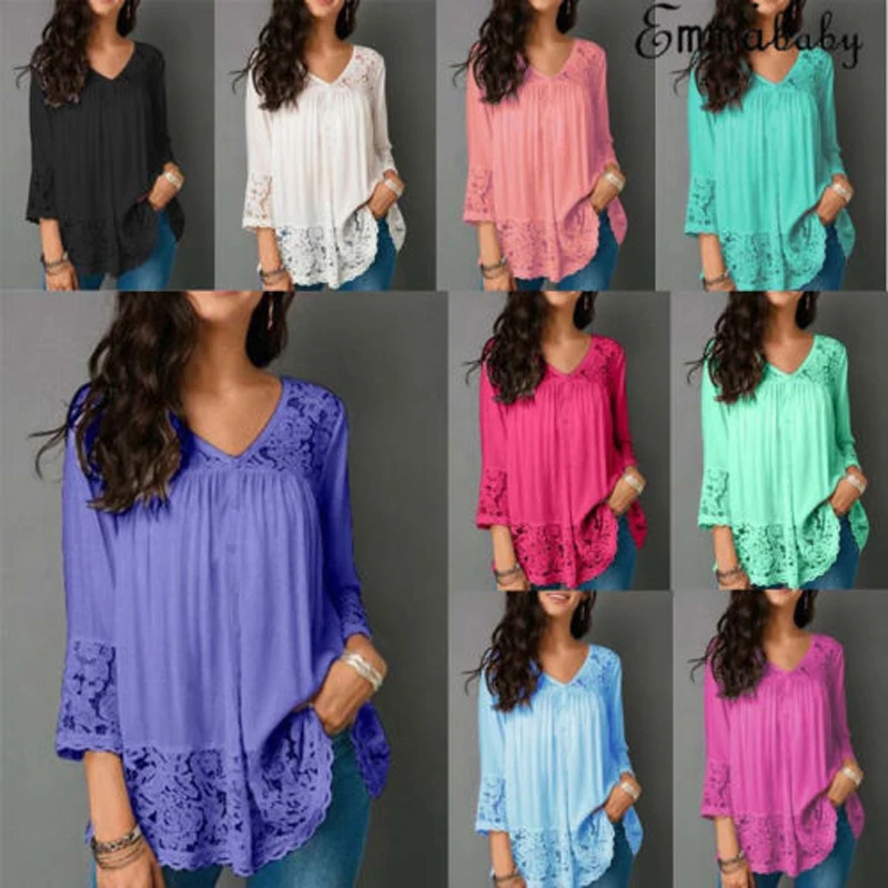 

2018 Brand New Fashion Plus size Women's Black Blouse Blue Shirt 3/4 Sleeve Casual Loose lace Pink Tops Plus Size Hot