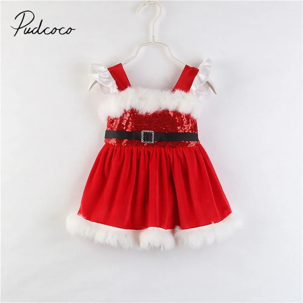 

2019 Brand New Infant Kids Baby Girls Christmas Party Formal Dress Sleeveless Furry Sequined A-Line Dress Xmas Clothes 1-6Y