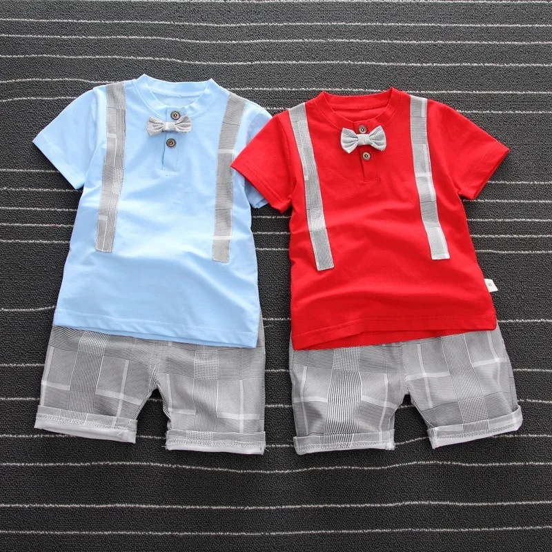 

2019 New Summer Children Boys Fashion Bow Tie Short Sleeve Shorts 2Pcs/Sets Baby Casual Style Kids Clothing Sets Infant Outfits