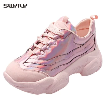 

SWYIVY Med Heel Ladies Shoe Golden Casual Shoes Women Sneakers 2019 New Autumn Sliver Shoes Female Platform Sneakers For Women