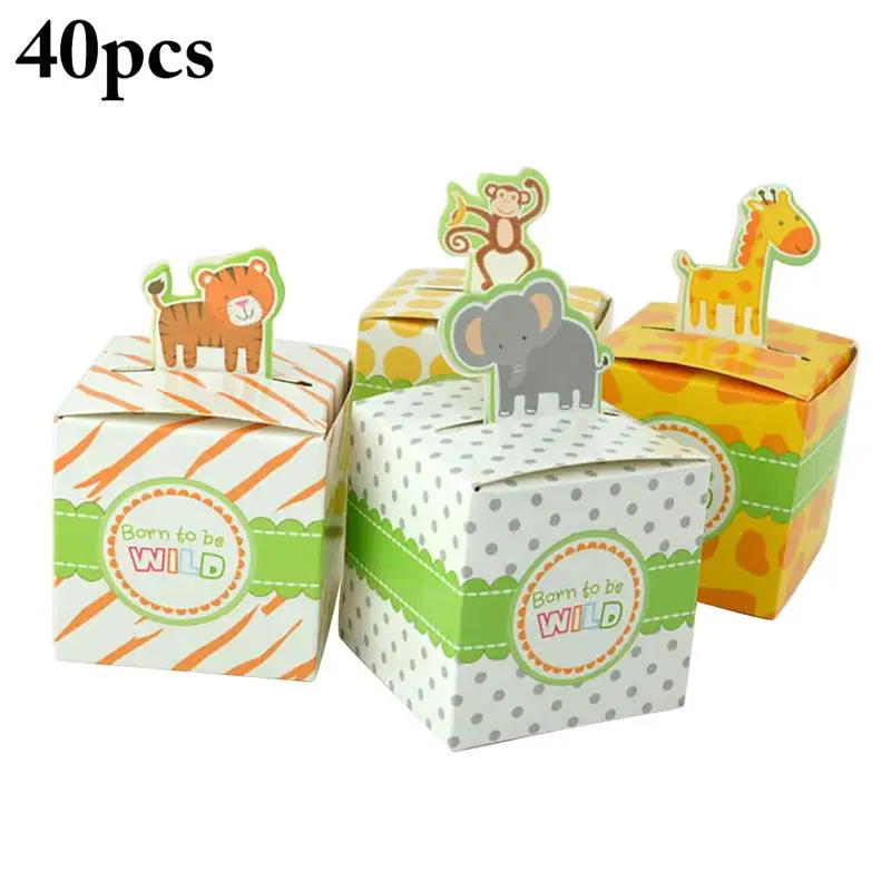 40Pcs Full Moon Celebration Party Gift Box Animal Cartoon Tray Chocolate Candy Box Giraffe*10+ Elephant*10+Monkey*10+Tiger*10