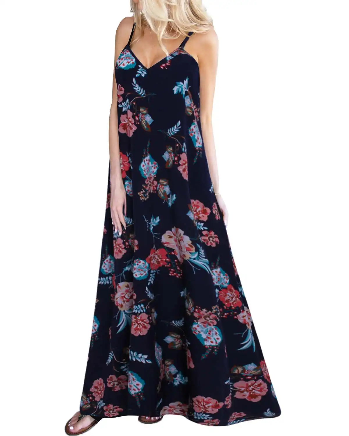 

Women Bohemian Maxi Long Dresses 2019 Summer Casual Loose Sexy Ladies V Neck Strapless Sleeveless Printed Beach Dresses Vestidos