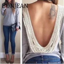 BONJEAN сорочка с низким вырезом на спине для женская одежда Весна Топы И Футболки с длинным рукавом серая футболка круглым вырезом черная футболка BJ768