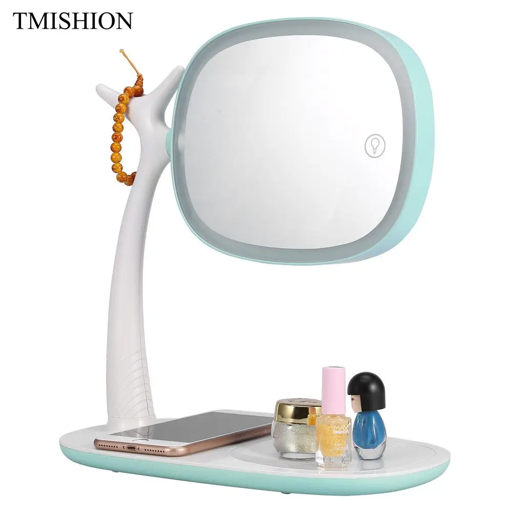 

New TMISHION 2 in 1 Screen LED Nail Art Desk Makeup Mirror Wireless Charge LED Mirror 360 Rotation Nail Art