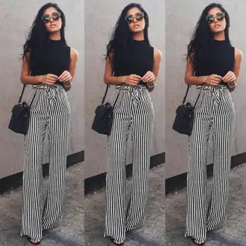 

Women's Striped Palazzo Straps Pants Long Loose High Waist Wide Leg Trousers Ladies Plus Size