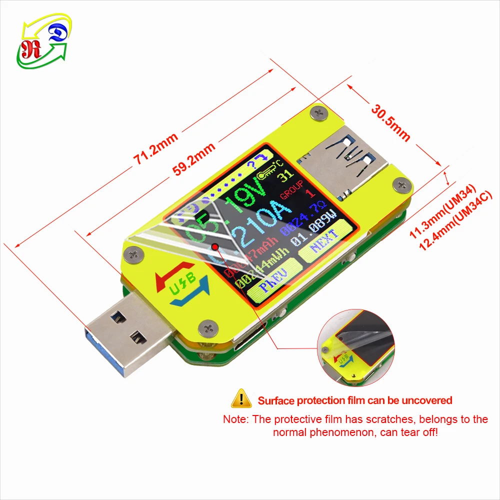 jaune UM34C Pour APP USB 3.0 Type-C Voltm/ètre Amp/èrem/ètre Voltm/ètre courant de charge de la batterie Mesure testeur de r/ésistance du c/âble UM34