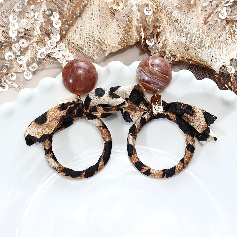 FYUAN Korean Style Lady Round Brown Acrylic Earrings Bowknot Leopard Cloth Earrings for Women Jewelry Accessories